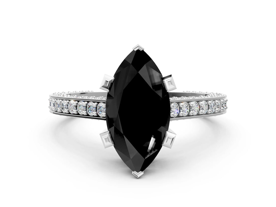 Silver Fancy Black Marquise Cut Brilliant Split Shank Pave Solitaire Ring with Four-Prong Setting_12