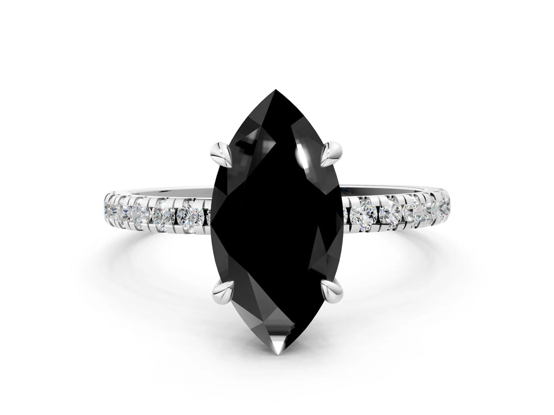 Silver Fancy Black Marquise Cut Diamond Brilliant Solitaire Ring with Pavé Band and Four-Prong Setting_36