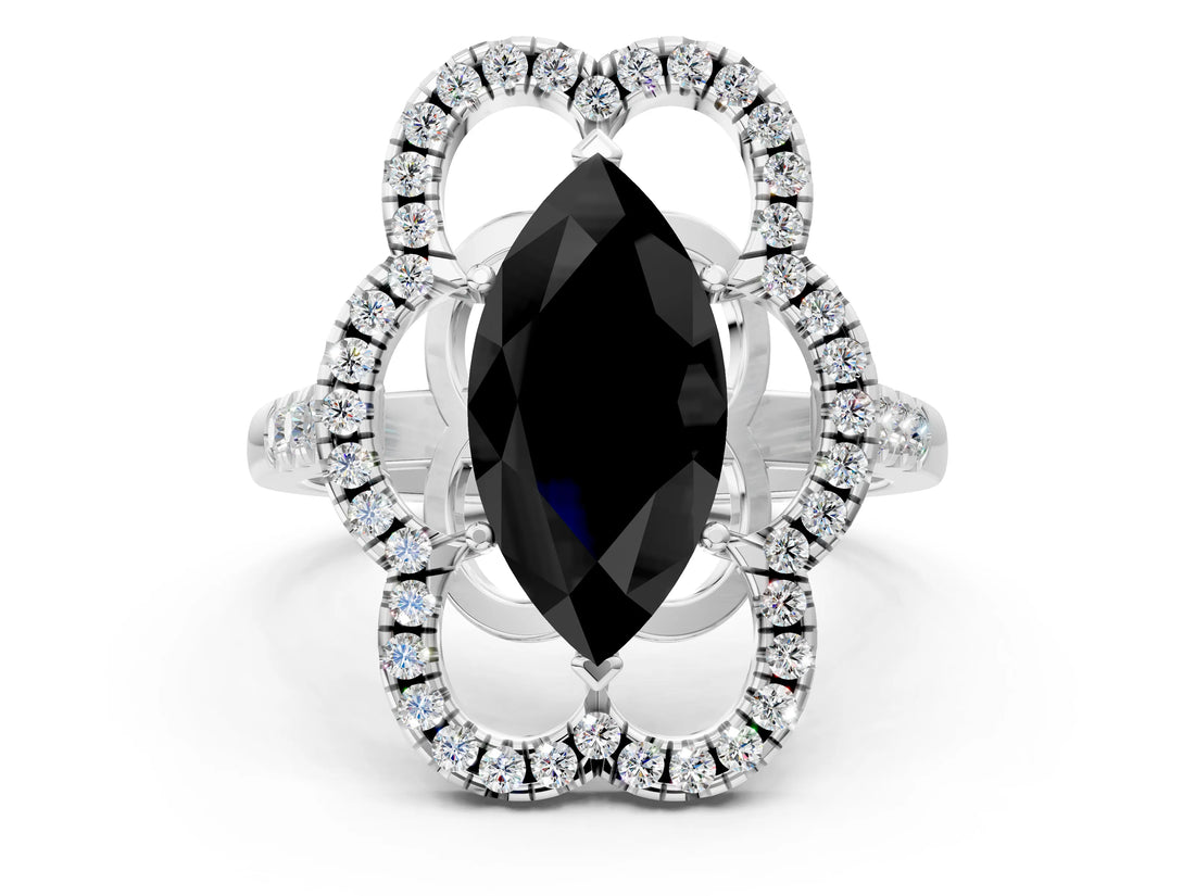 Silver Fancy Black Marquise Cut Diamond Floral Halo Split Shank Prong Setting Ring_6