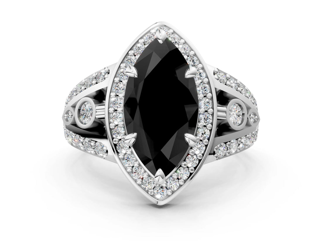 Silver Fancy Black Marquise Cut Diamond Halo Ring with Split Shank and Bezel Accents and Four-Prong Setting_6