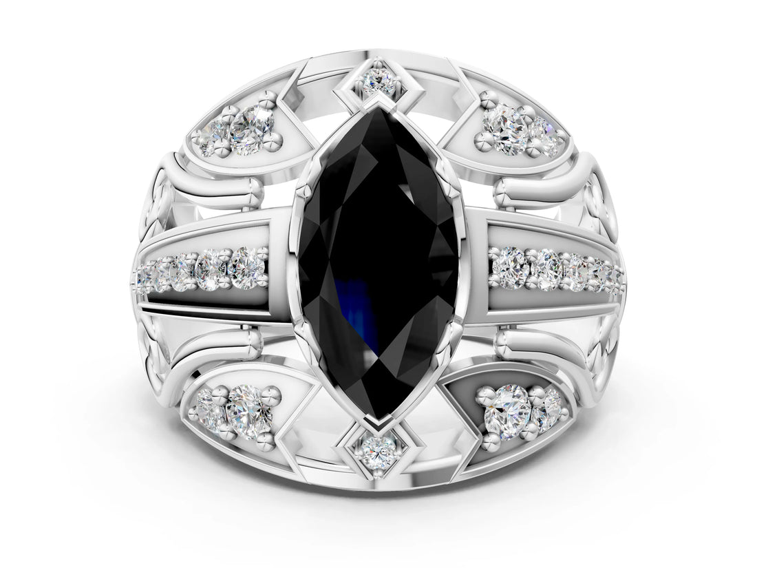 Silver Fancy Black Marquise Cut Diamond Pave Art Deco Split Shank Ring with Four-Prong Setting_6