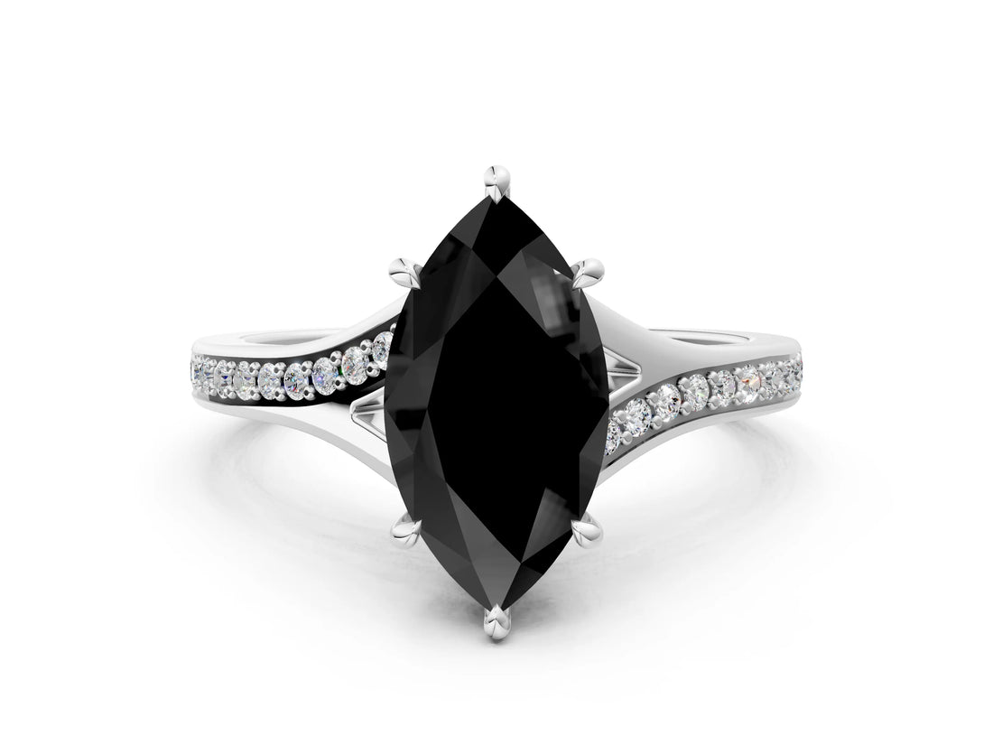 Silver Fancy Black Marquise Cut Diamond Solitaire Ring with Pavé Band and Prong Setting_12