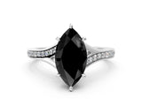 Silver Fancy Black Marquise Cut Diamond Solitaire Ring with Pavé Band and Prong Setting_12