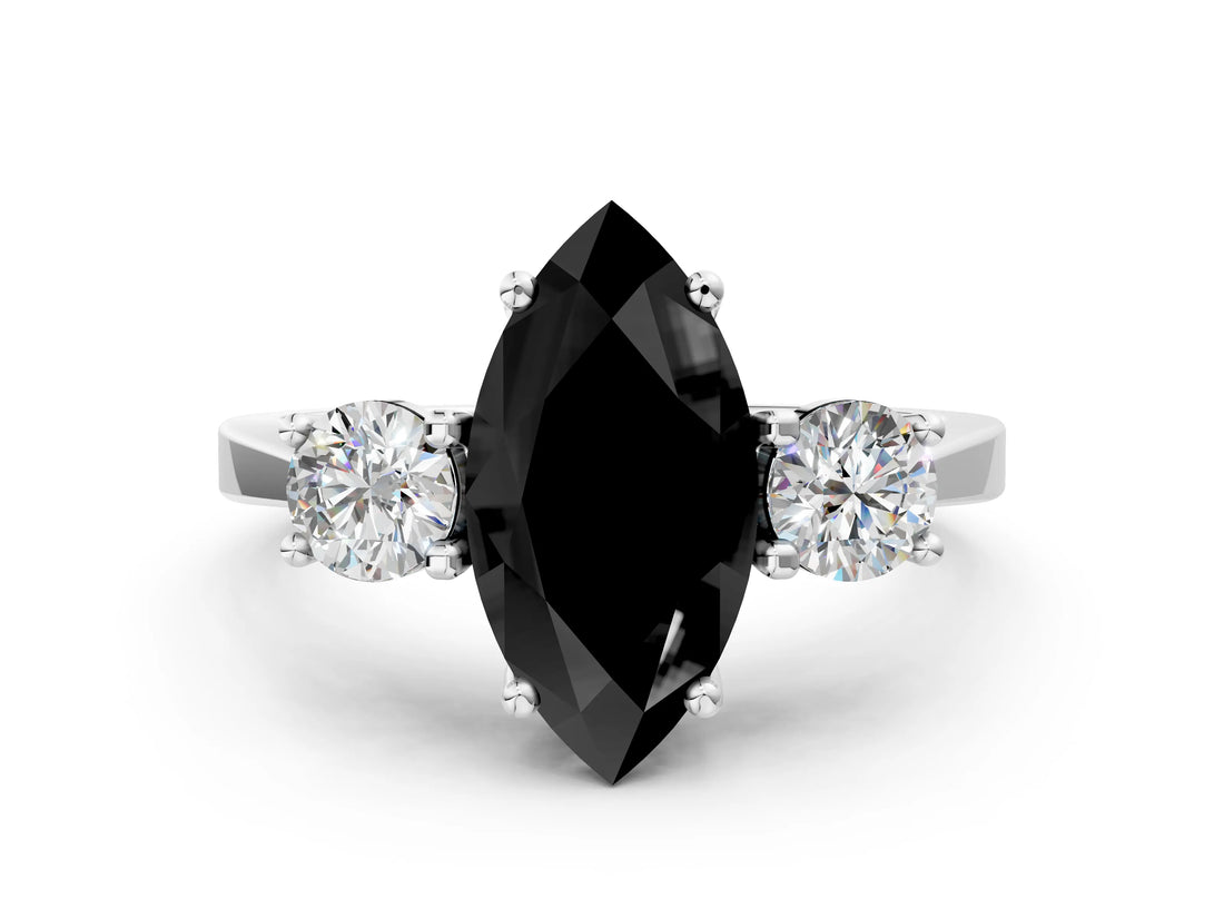 Silver Fancy Black Marquise Cut Diamond Three-Stone Engagement Ring with Prong Setting and Pavé Band_12