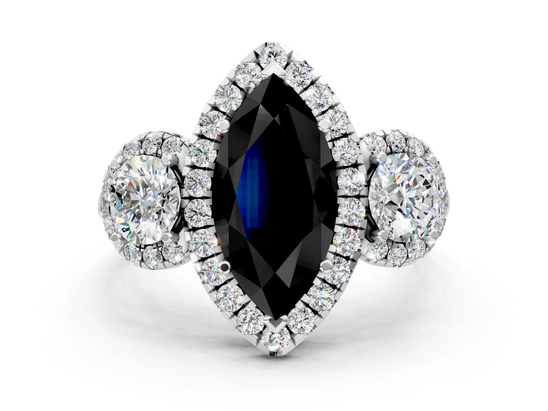 Silver Fancy Black Marquise Cut Diamond Three-Stone Halo Ring with Prong Setting and Pavé Accents_6