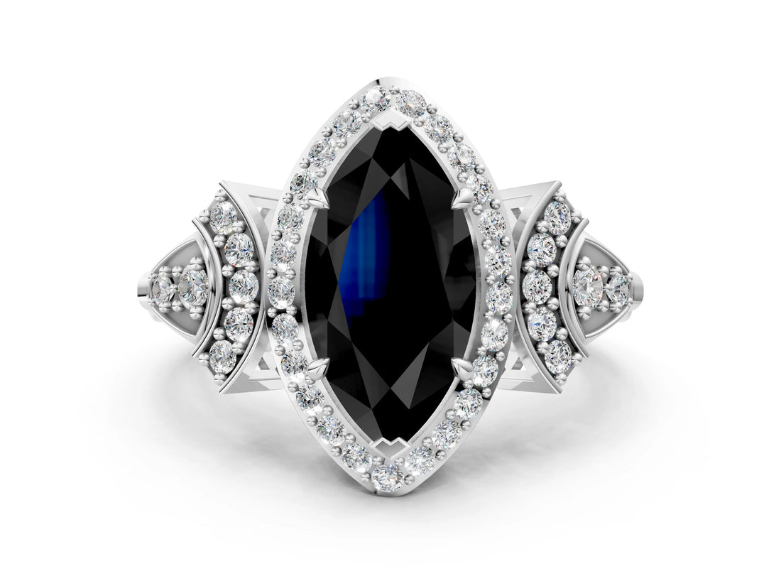 Silver Fancy Black Marquise Cut Halo Diamond Split Shank Engagement Ring with Four-Prong Setting_6