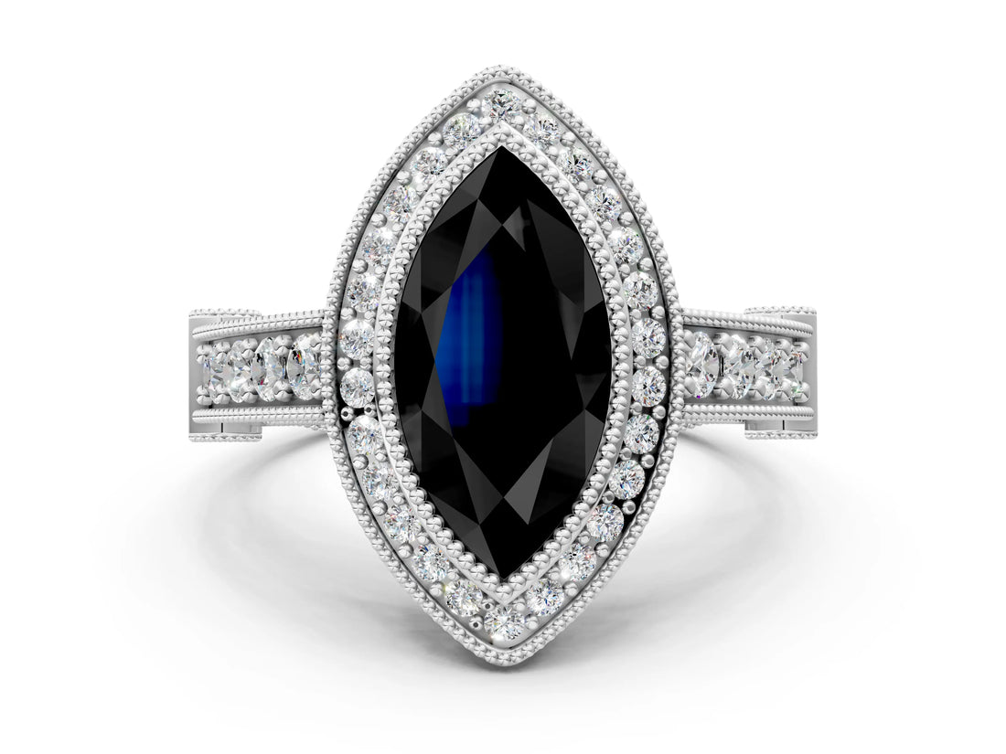 Silver Fancy Black Marquise Cut Halo Diamond Split Shank Pave Ring_12