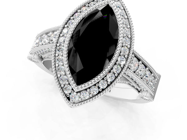 Sterling Silver Marquise Vintage Bezel Halo Engagement Ring Setting for Black Center