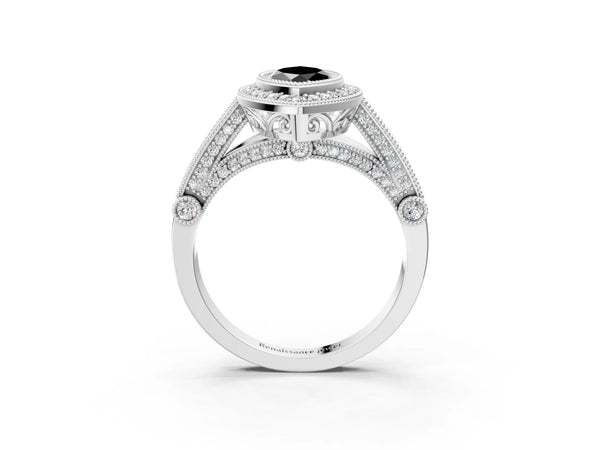 Sterling Silver Marquise Vintage Bezel Halo Engagement Ring Setting for Black Center