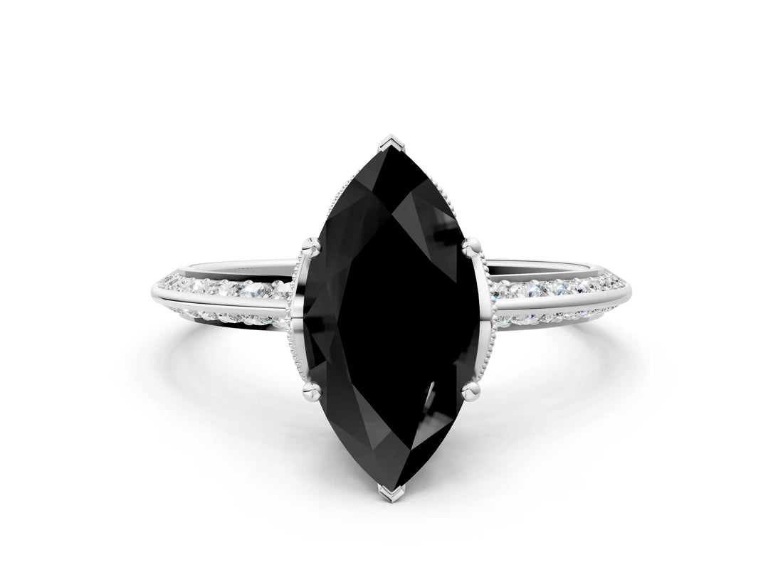 Silver Fancy Black Marquise Cut Solitaire Split Shank Pave Diamond Engagement Ring with Four-Prong Setting_54