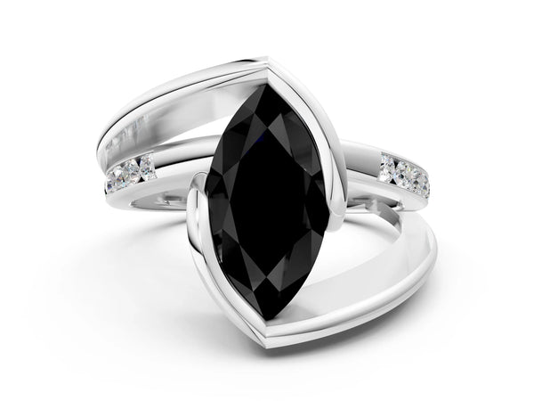 Silver Fancy Black Marquise Cut Solitaire Tension-Set Diamond Split Shank Ring
