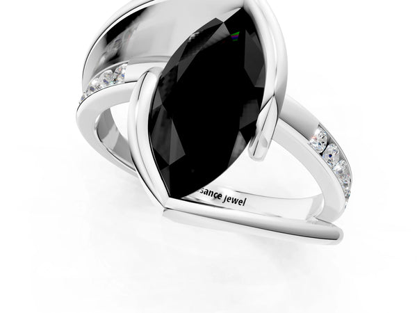 Silver Fancy Black Marquise Cut Solitaire Tension-Set Diamond Split Shank Ring