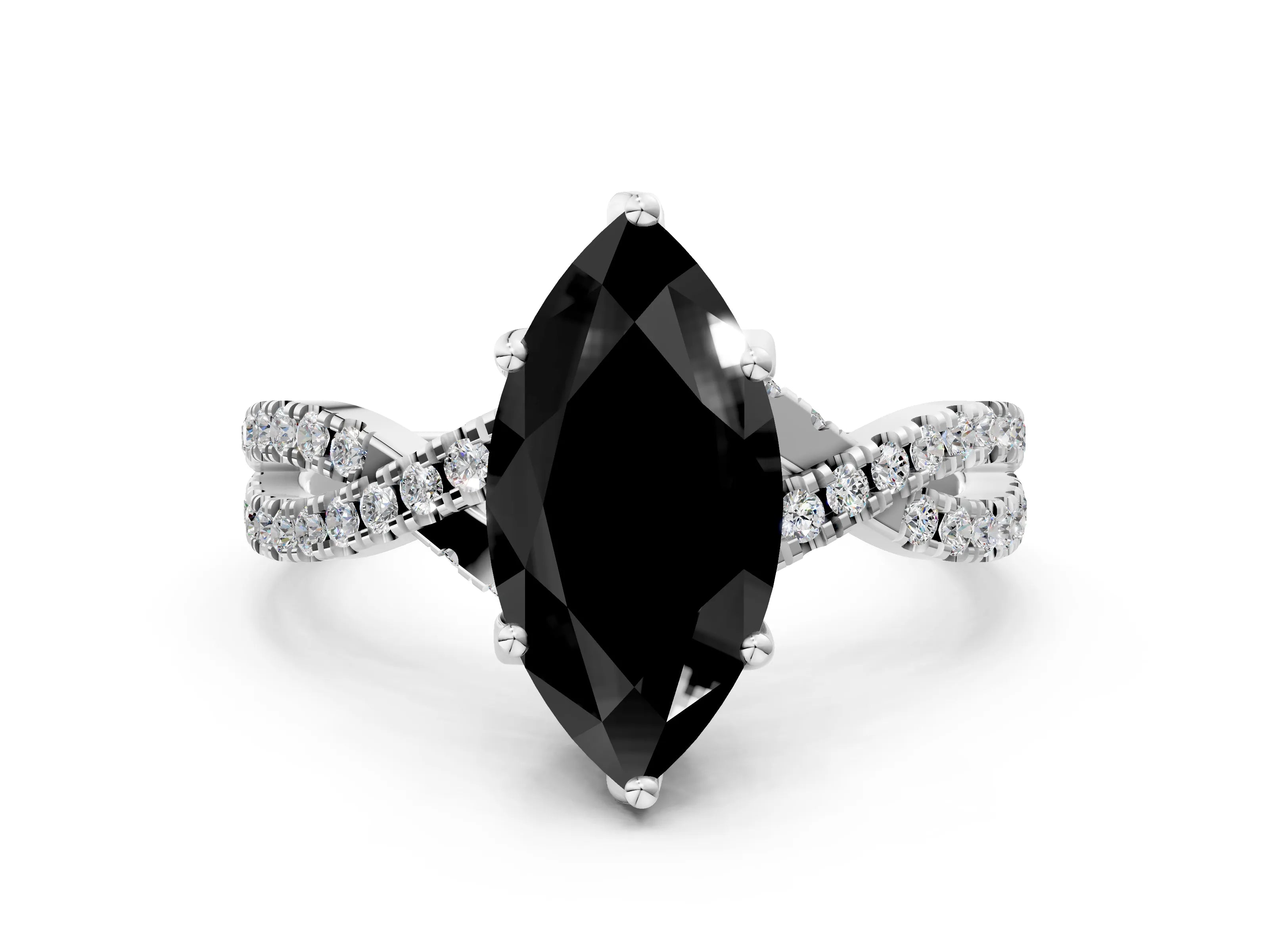 Silver Fancy Black Marquise Cut Solitaire Twist Pave Diamond Engagement Ring with Prong Setting_54