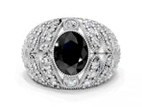 Silver Fancy Black Oval Cut Brilliant Halo Pave Diamond Milgrain Ring_6