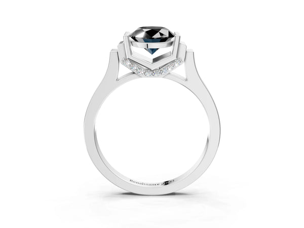 Silver Fancy Black Oval Cut Brilliant Solitaire Diamond Ring with Channel Set Band and Bar Prong Setting