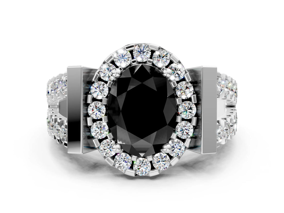 Silver Fancy Black Oval Cut Cut Halo Split Shank Prong Set Ring_6