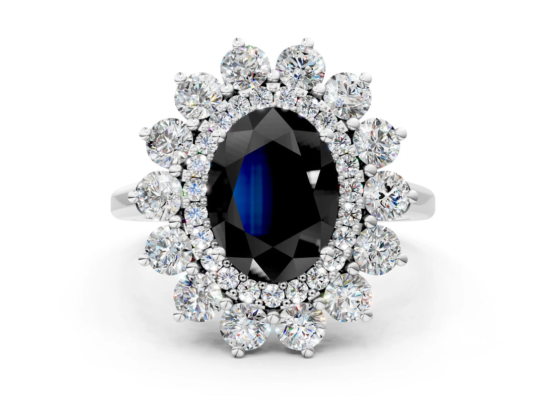 Silver Fancy Black Oval Cut Diamond Floral Double Halo Engagement Ring with Prong Setting_30