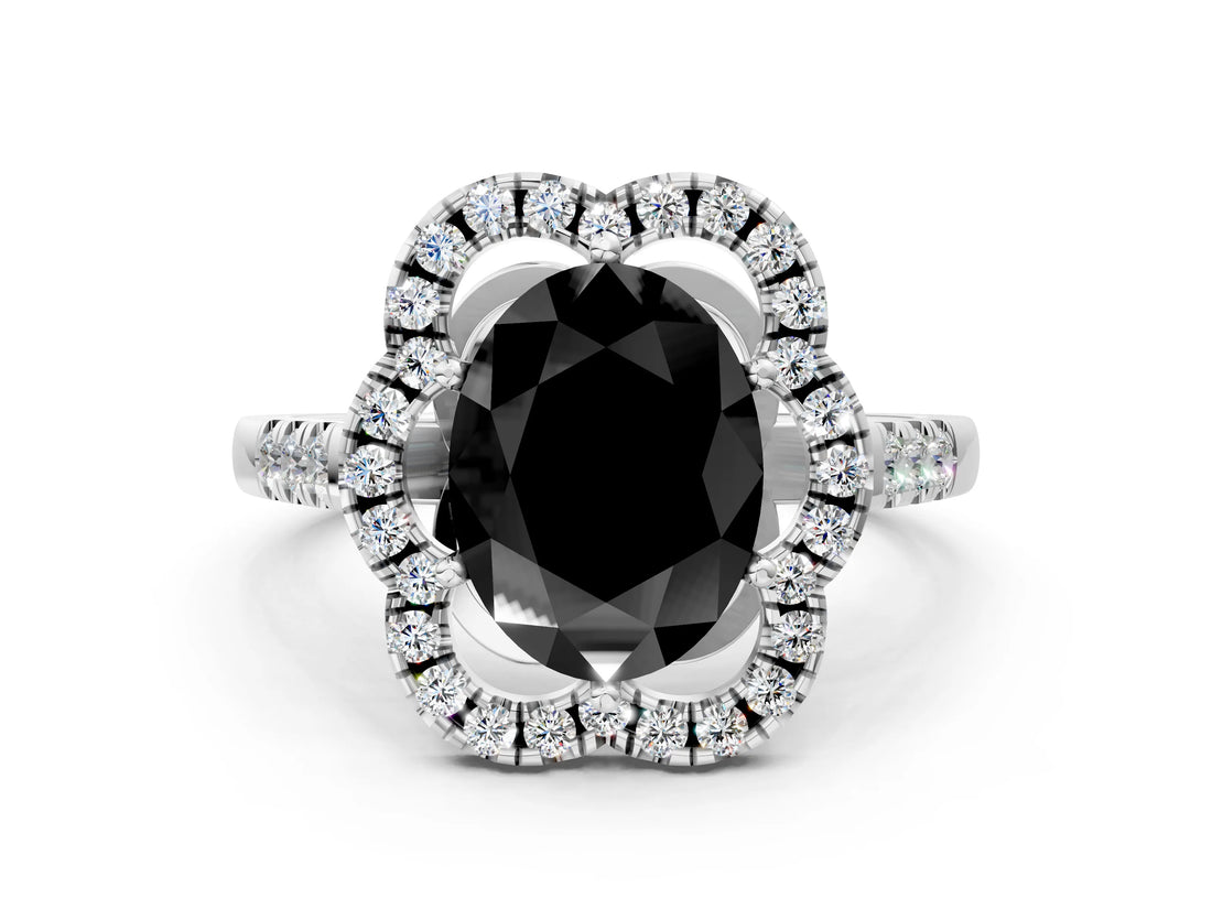 Silver Fancy Black Oval Cut Diamond Floral Halo Split Shank Prong Setting Ring_36