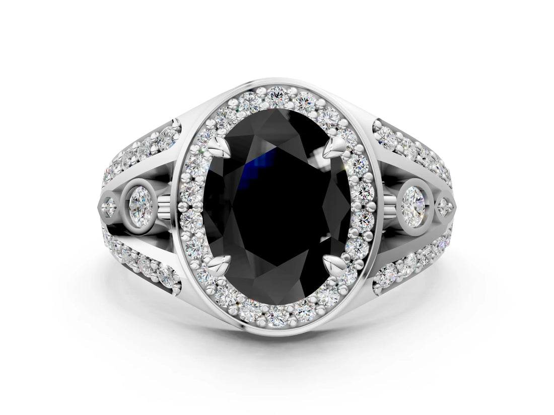 Silver Fancy Black Oval Cut Diamond Halo Ring with Split Shank and Bezel Accents and Four-Prong Setting_6