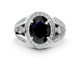 Silver Fancy Black Oval Cut Diamond Halo Ring with Split Shank and Bezel Accents and Four-Prong Setting_6