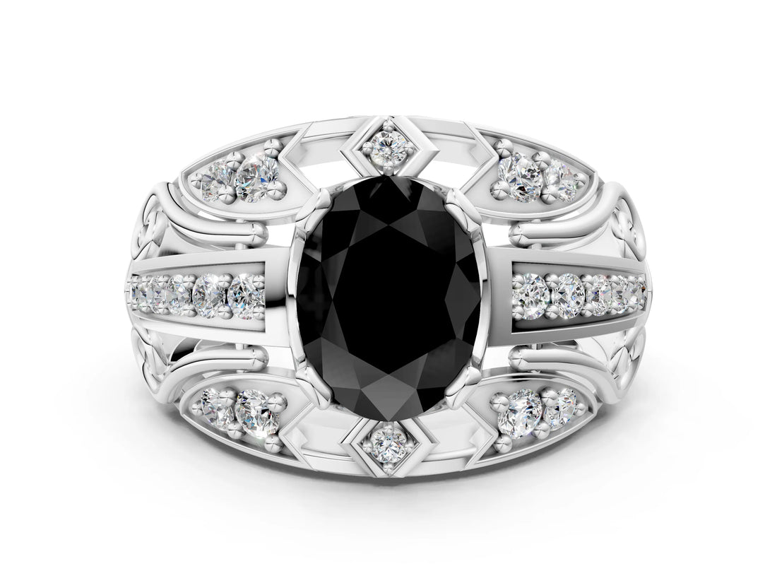 Silver Fancy Black Oval Cut Diamond Pave Art Deco Split Shank Ring with Four-Prong Setting_6