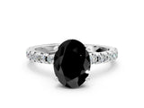 Silver Fancy Black Oval Cut Diamond Solitaire Ring with Round  Pavé Band and Four-Prong Setting_24
