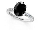 Silver Fancy Black Oval Cut Diamond Solitaire Ring with Round  Pavé Band and Four-Prong Setting_25