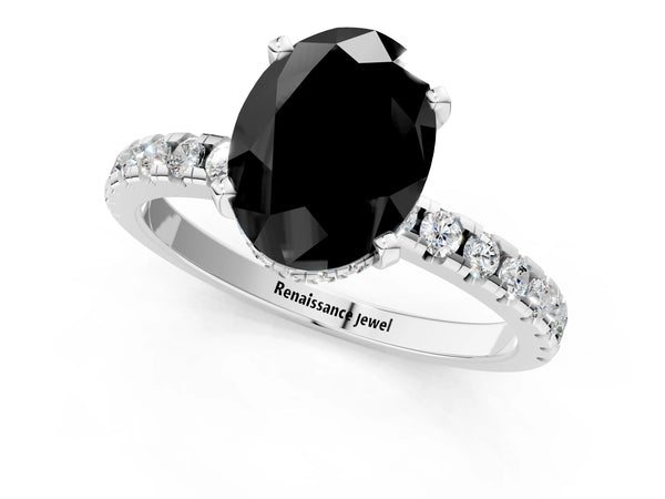 Sterling Silver Oval Hidden Halo Pave Engagement Ring Setting for Black Center
