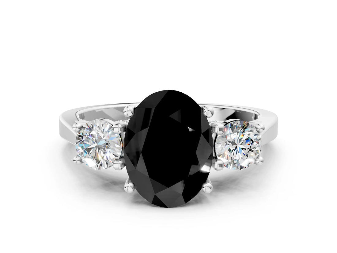 Silver Fancy Black Oval Cut Diamond Three-Stone Engagement Ring with Prong Setting and Pavé Band_6