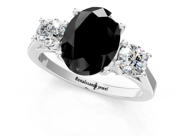 Silver Fancy Black Oval Cut Diamond Three-Stone Engagement Ring with Prong Setting and Pavé Band