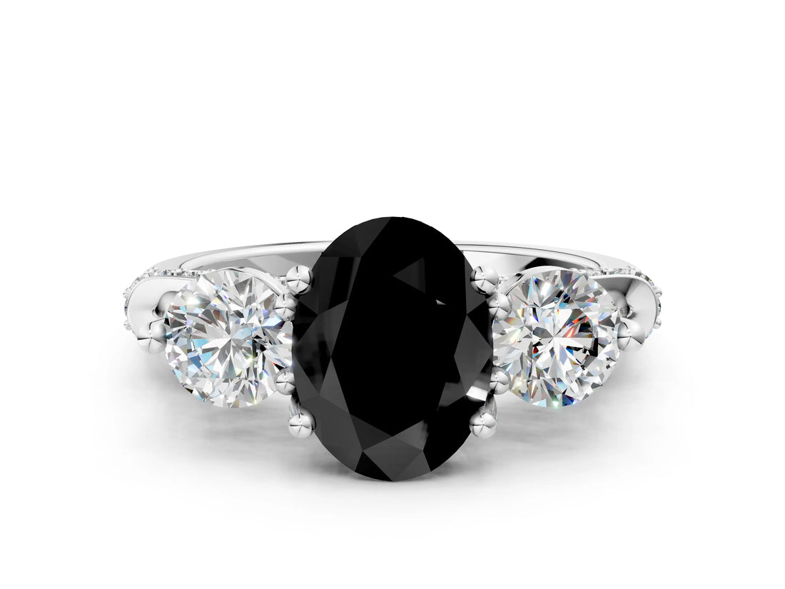 Silver Fancy Black Oval Cut Diamond Three-Stone Ring with Prong Setting and Pavé Band_6