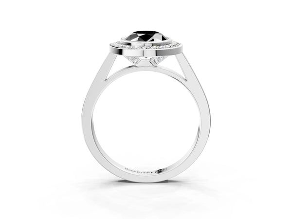 Silver Fancy Black Oval Cut Halo Bezel Diamond Pave Band Ring