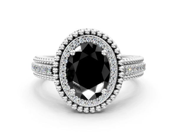 Sterling Silver Oval Beaded Halo Engagement Ring Setting for Black Center with Pave