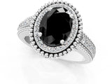 Silver Fancy Black Oval Cut Halo Diamond Ring with Beaded Split Shank and Four-Prong Setting_7