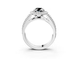 Silver Fancy Black Oval Cut Halo Diamond Ring with Beaded Split Shank and Four-Prong Setting_9