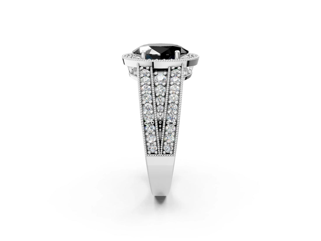 Silver Fancy Black Oval Cut Halo Diamond Split Shank Ring with Prong Setting_2