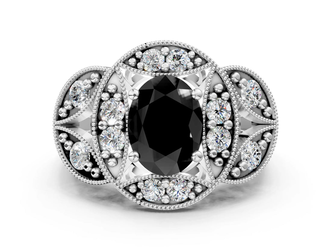 Silver Fancy Black Oval Cut Halo Milgrain Diamond Engagement Ring with Leaf Band and Four-Prong Setting_6