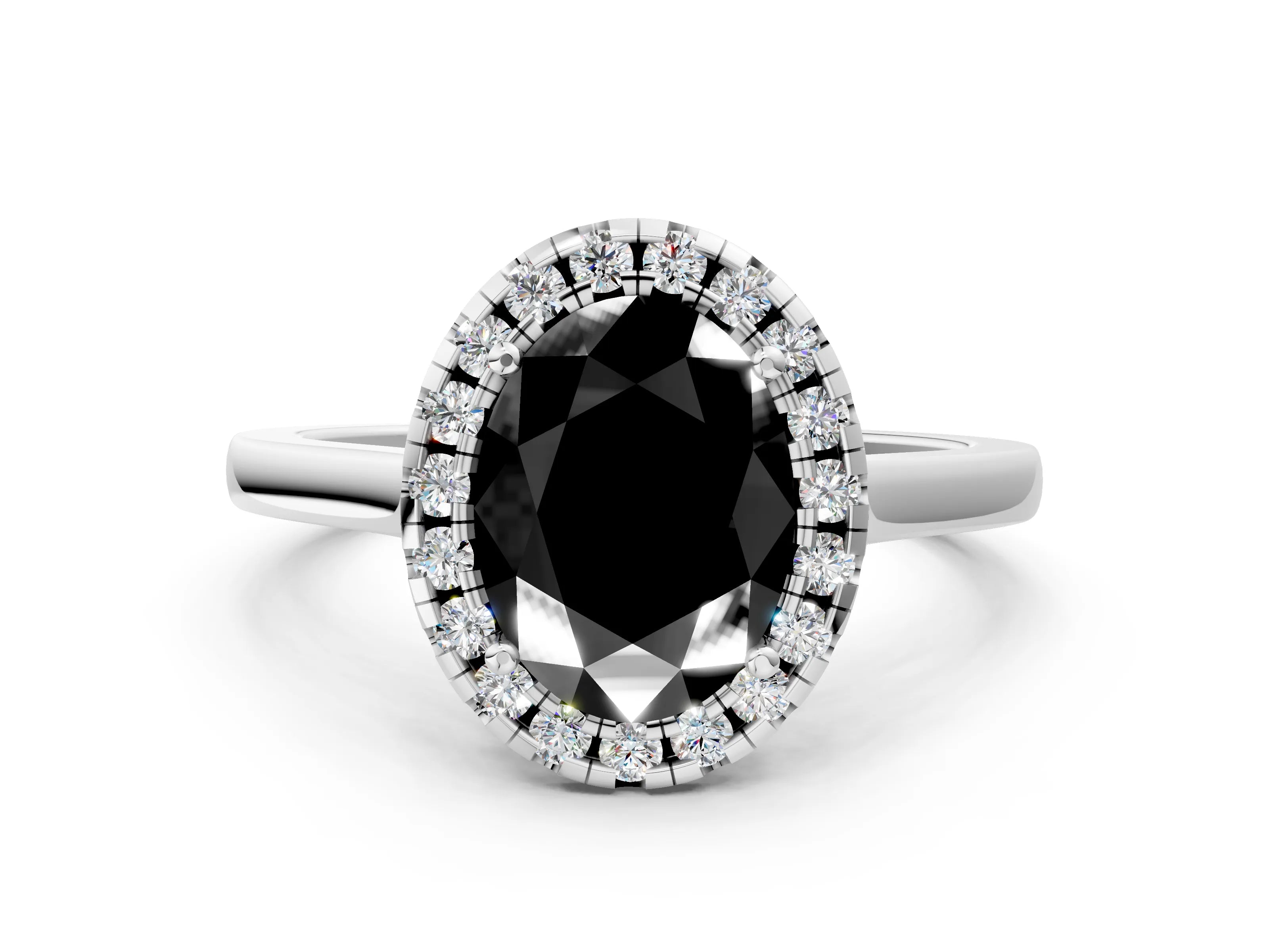 Silver Fancy Black Oval Cut Halo Round Diamond Solitaire Ring with Pavé Band and Four-Prong Setting_24