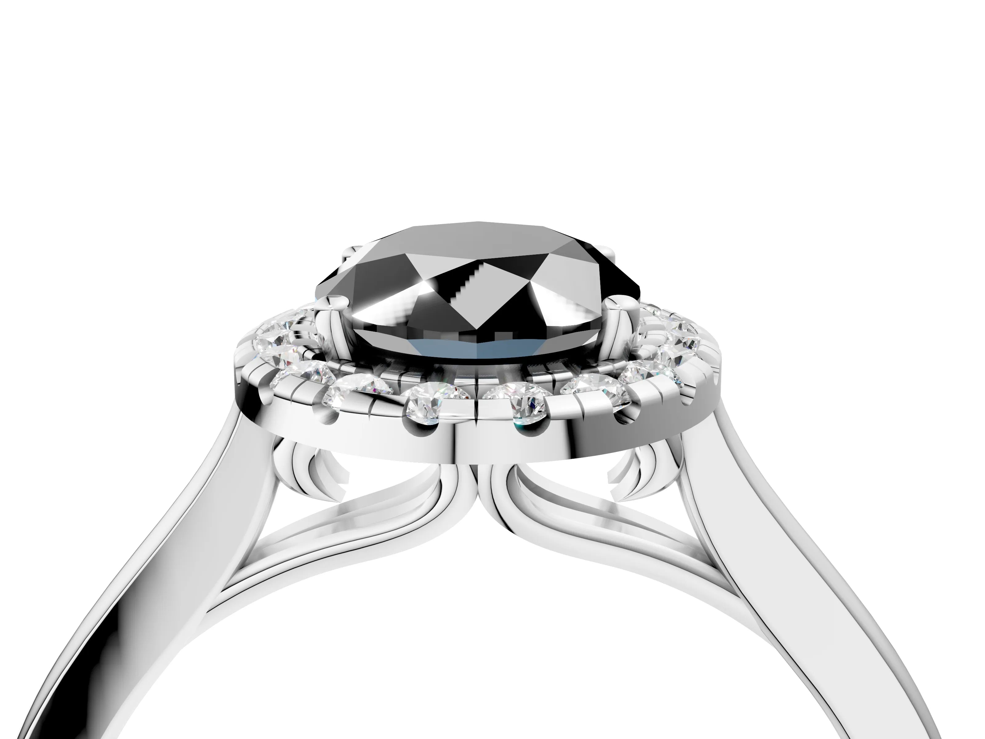 Silver Fancy Black Oval Cut Halo Round Diamond Solitaire Ring with Pavé Band and Four-Prong Setting_28