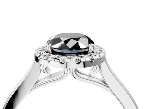 Silver Fancy Black Oval Cut Halo Round Diamond Solitaire Ring with Pavé Band and Four-Prong Setting_28