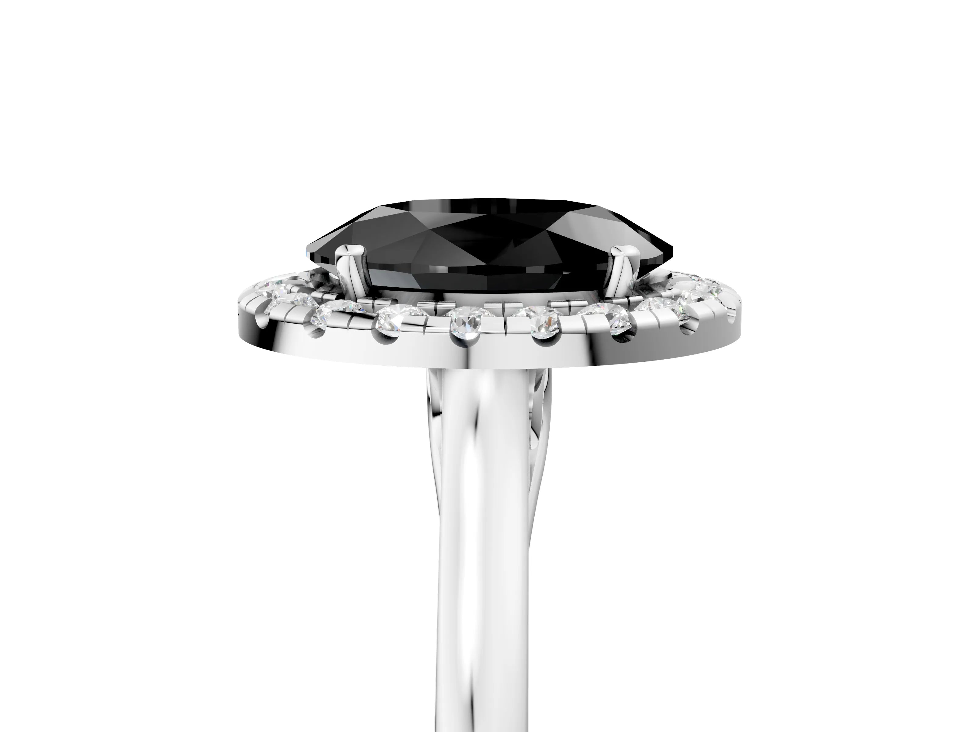 Silver Fancy Black Oval Cut Halo Round Diamond Solitaire Ring with Pavé Band and Four-Prong Setting_29