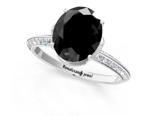 Sterling Silver Oval Graduated Pave Engagement Ring Setting for Black Center