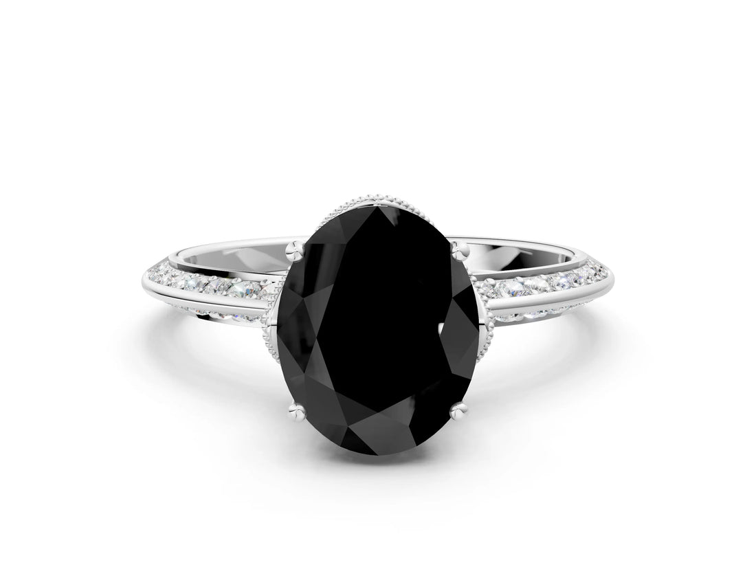 Silver Fancy Black Oval Cut Solitaire Split Shank Pave Diamond Engagement Ring with Four-Prong Setting_6