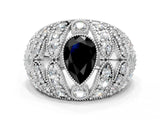 Silver Fancy Black Pear Cut Brilliant Halo Pave Diamond Milgrain Ring_6