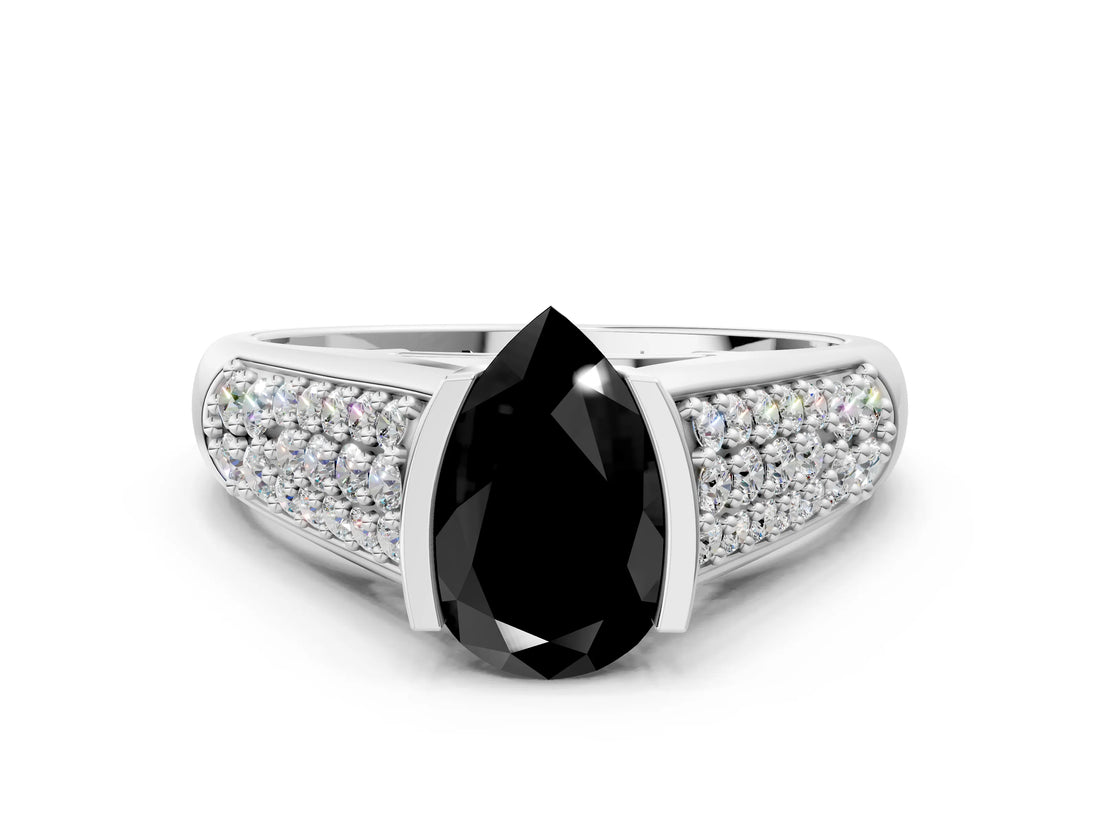 Silver Fancy Black Pear Cut Cut Diamond Channel Set Pave Band with Tension Prong Setting_6