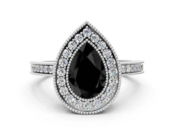 Sterling Silver Pear-Shaped Double Milgrain Halo Engagement Ring Setting for Black Center