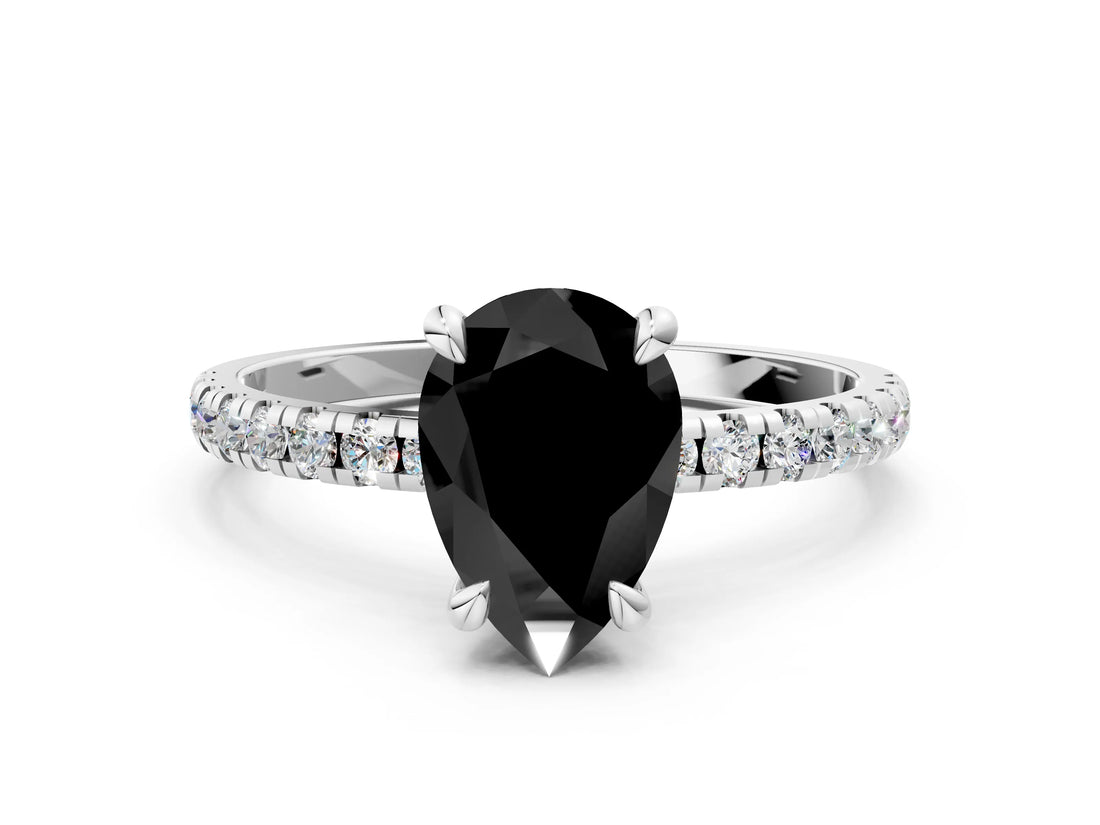 Silver Fancy Black Pear Cut Diamond Brilliant Solitaire Ring with Pavé Band and Four-Prong Setting_48