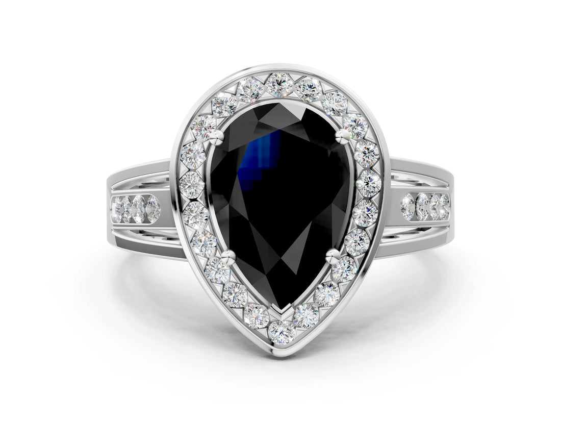 Silver Fancy Black Pear Cut Diamond Halo Ring with Split Shank and Bezel Accents and Prong Setting_6