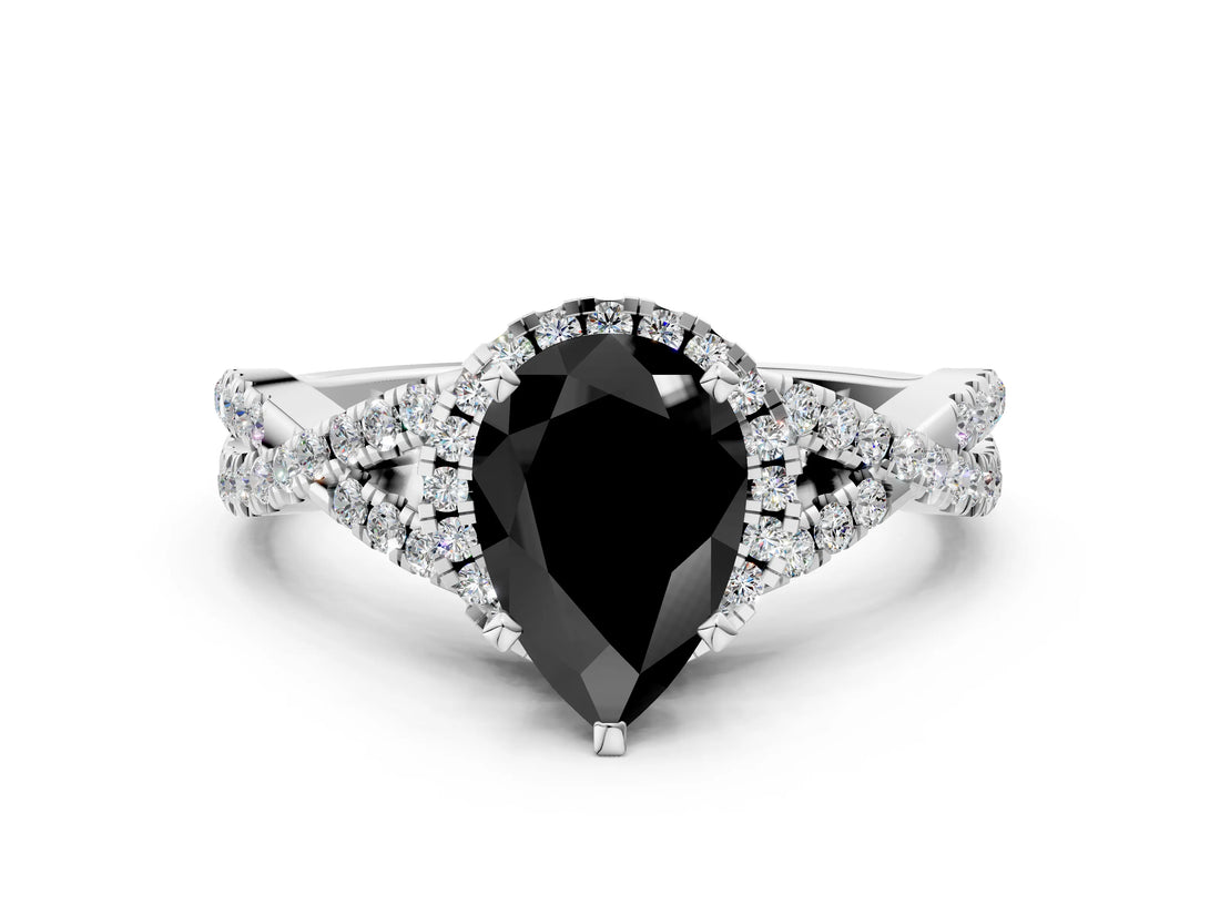 Silver Fancy Black Pear Cut Diamond  Halo Twist Band Solitaire Prong Setting Ring_12