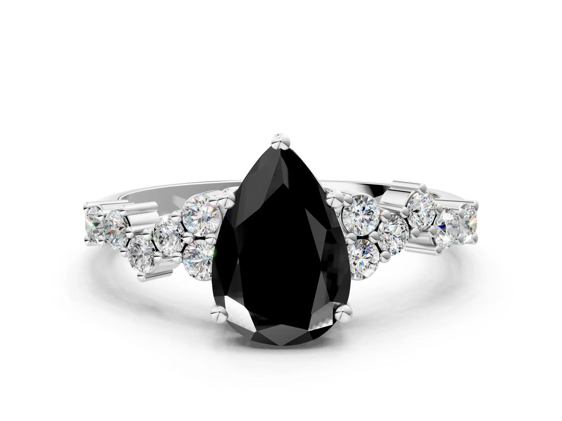 Silver Fancy Black Pear Cut Diamond Scattered Round Accent Ring with Prong Setting